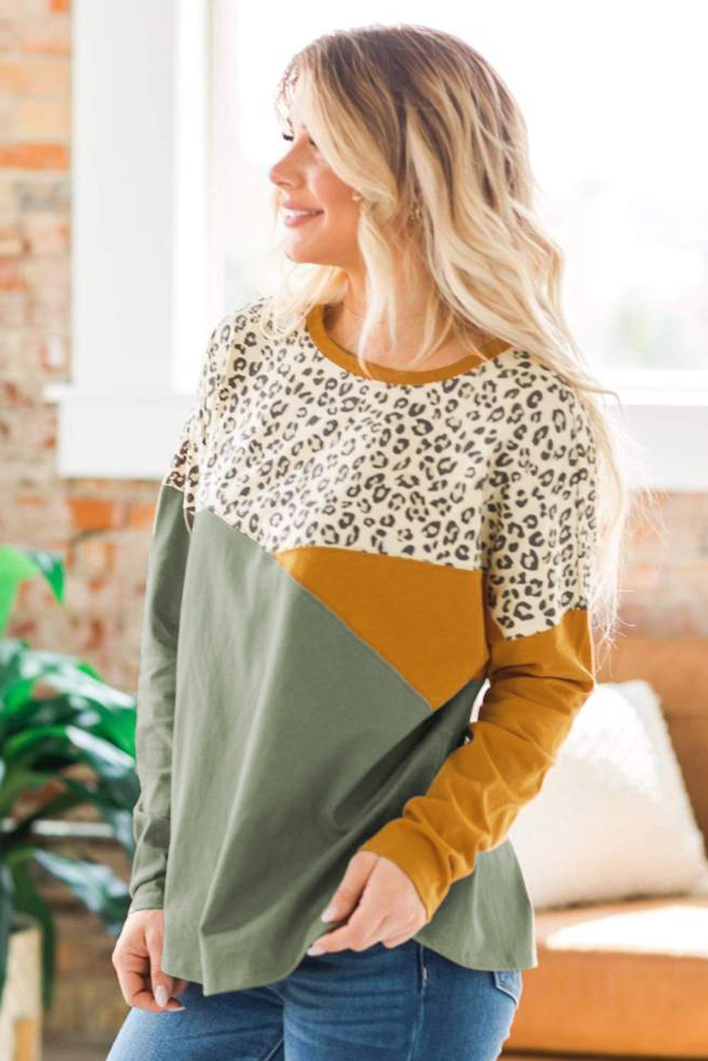 Color Block Splicing Long Sleeve Top featuring vibrant leopard print and contrasting colors, perfect for casual wear.