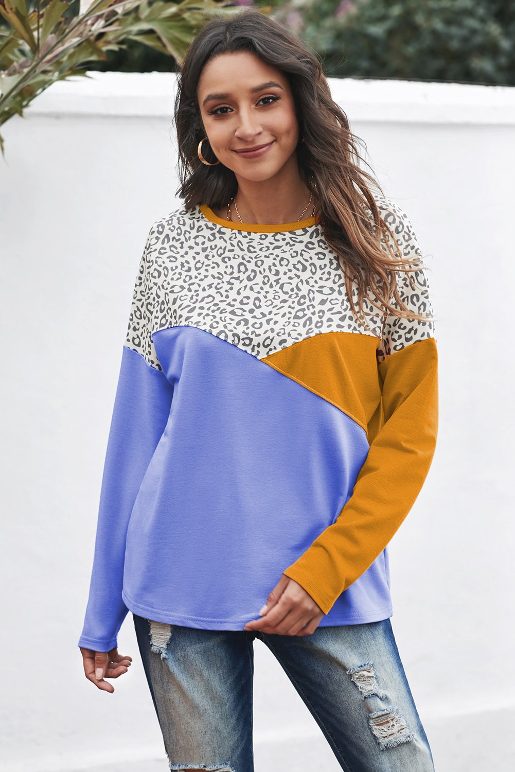 Color Block Splicing Long Sleeve Top featuring vibrant leopard print and contrasting colors, perfect for casual wear.