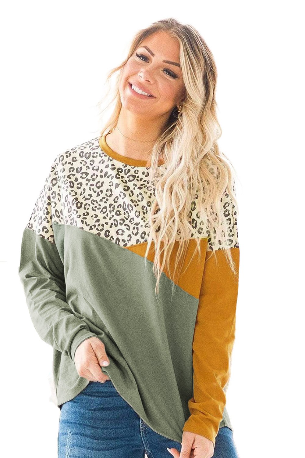 Color Block Splicing Long Sleeve Top featuring vibrant leopard print and contrasting colors, perfect for casual wear.