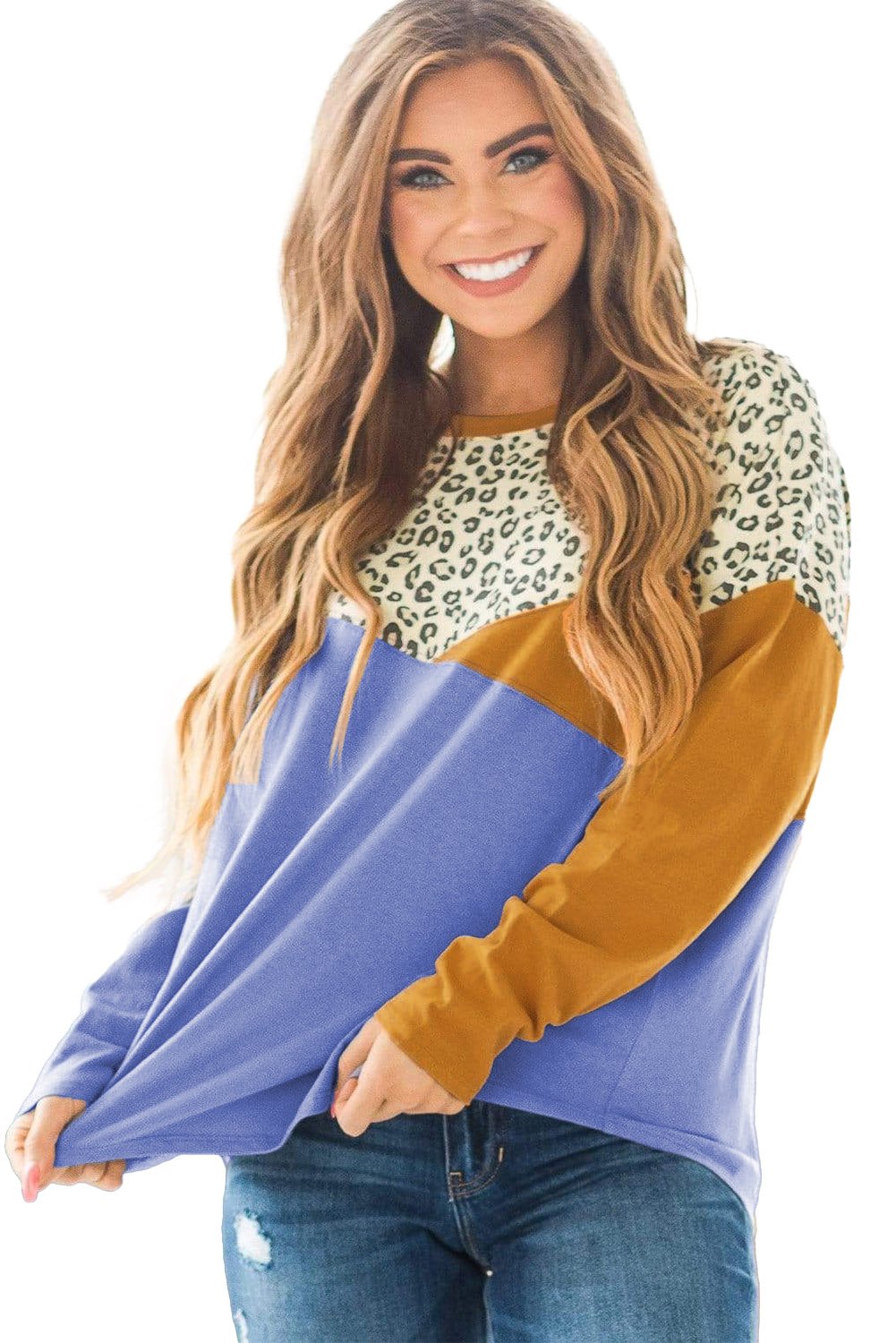 Color Block Splicing Long Sleeve Top featuring vibrant leopard print and contrasting colors, perfect for casual wear.