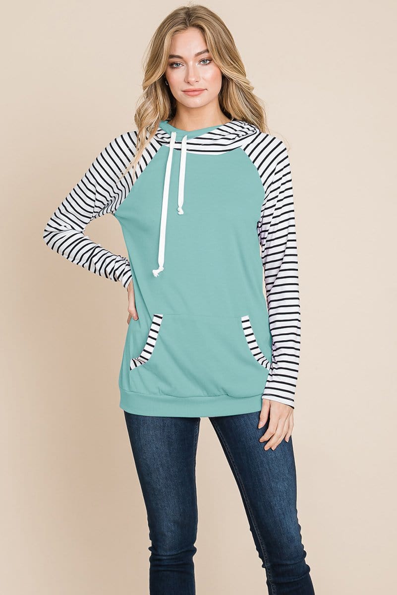 A stylish Color Block Striped Double Hoodie Sweatshirt featuring black and white stripes with a solid top, showcasing front pockets and raglan sleeves.