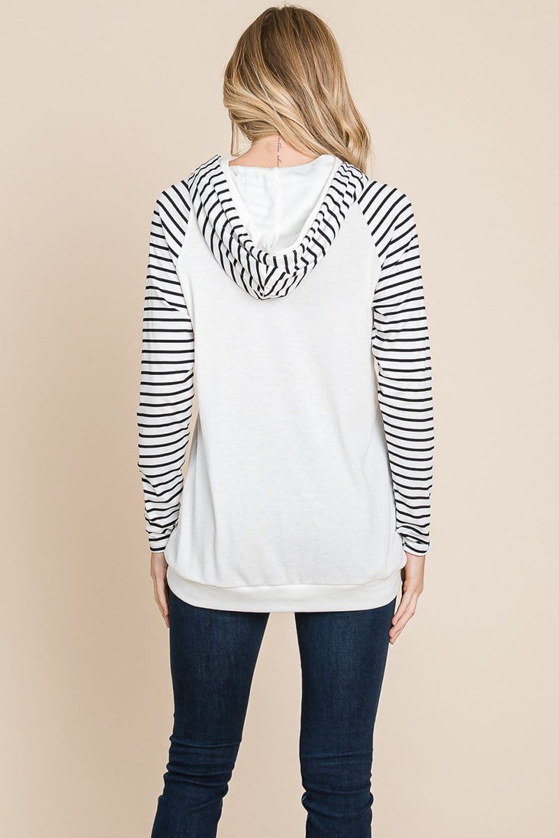 A stylish Color Block Striped Double Hoodie Sweatshirt featuring black and white stripes with a solid top, showcasing front pockets and raglan sleeves.