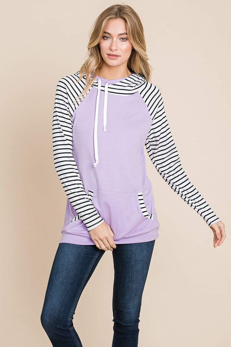 A stylish Color Block Striped Double Hoodie Sweatshirt featuring black and white stripes with a solid top, showcasing front pockets and raglan sleeves.