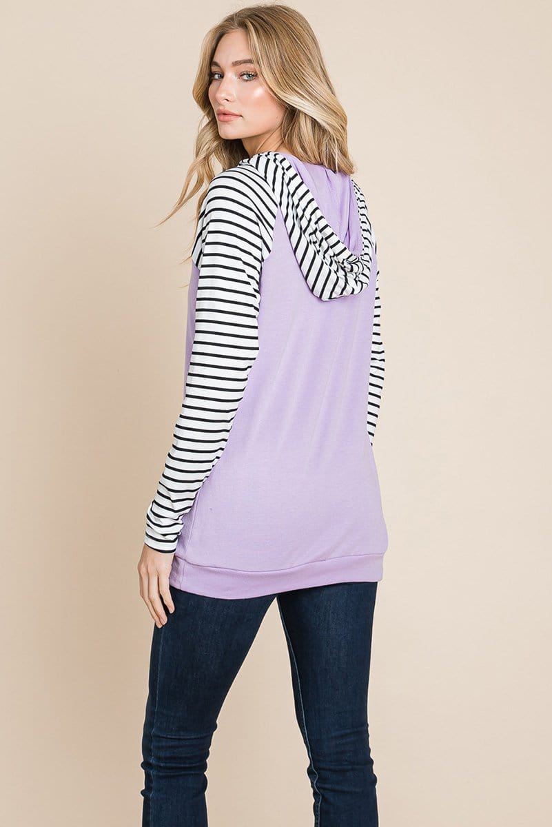 A stylish Color Block Striped Double Hoodie Sweatshirt featuring black and white stripes with a solid top, showcasing front pockets and raglan sleeves.