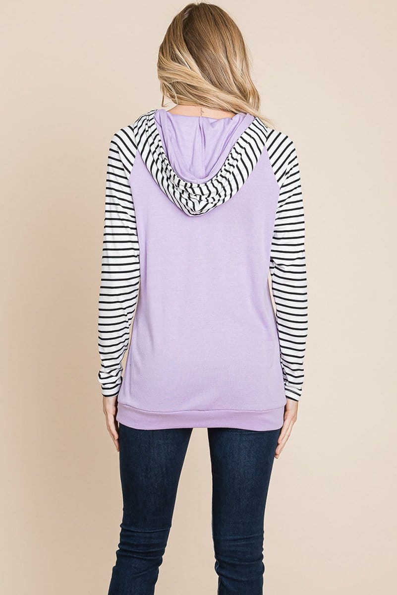 A stylish Color Block Striped Double Hoodie Sweatshirt featuring black and white stripes with a solid top, showcasing front pockets and raglan sleeves.