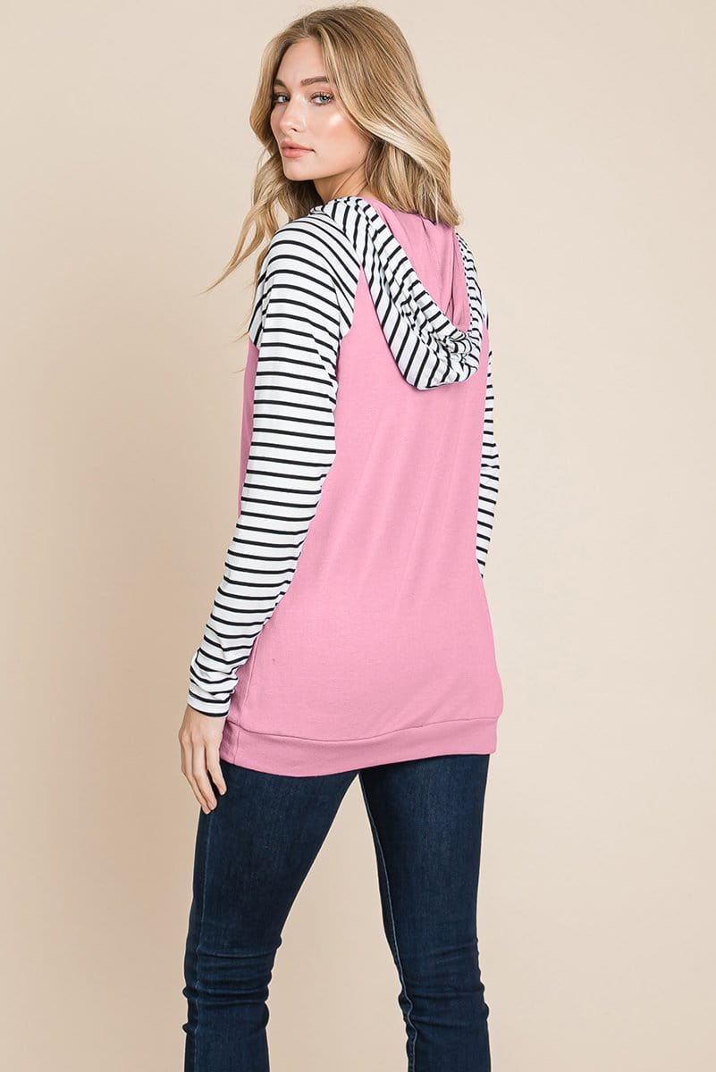 A stylish Color Block Striped Double Hoodie Sweatshirt featuring black and white stripes with a solid top, showcasing front pockets and raglan sleeves.