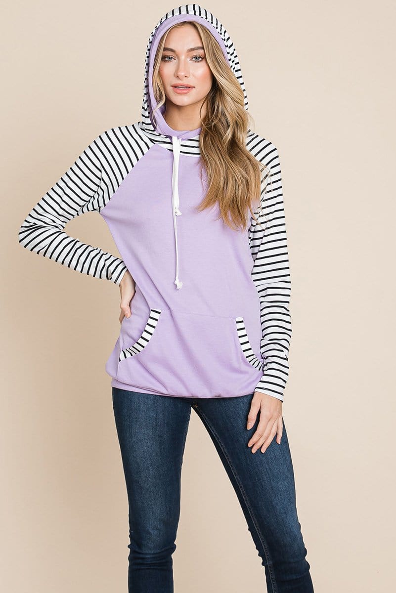 A stylish Color Block Striped Double Hoodie Sweatshirt featuring black and white stripes with a solid top, showcasing front pockets and raglan sleeves.