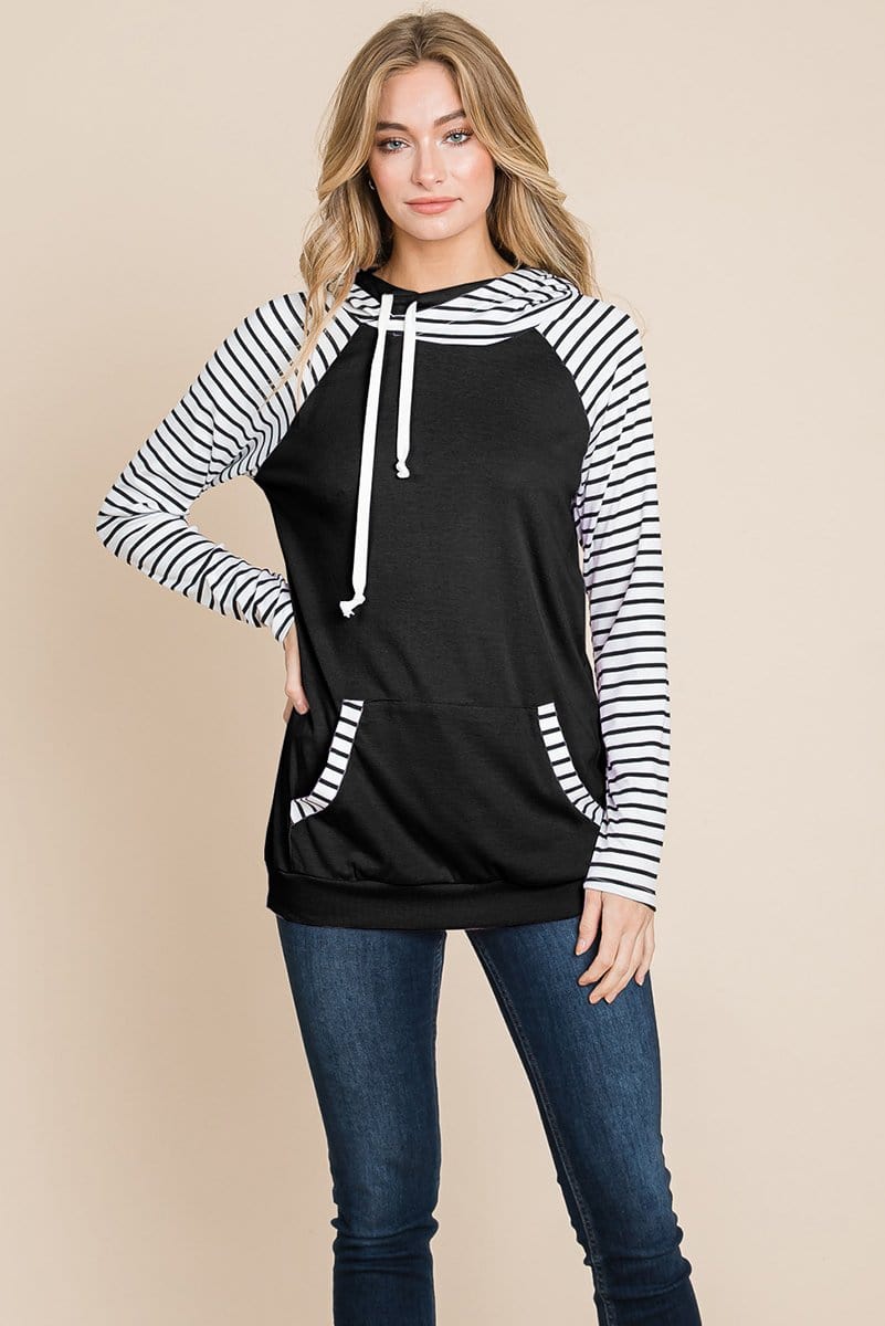 A stylish Color Block Striped Double Hoodie Sweatshirt featuring black and white stripes with a solid top, showcasing front pockets and raglan sleeves.