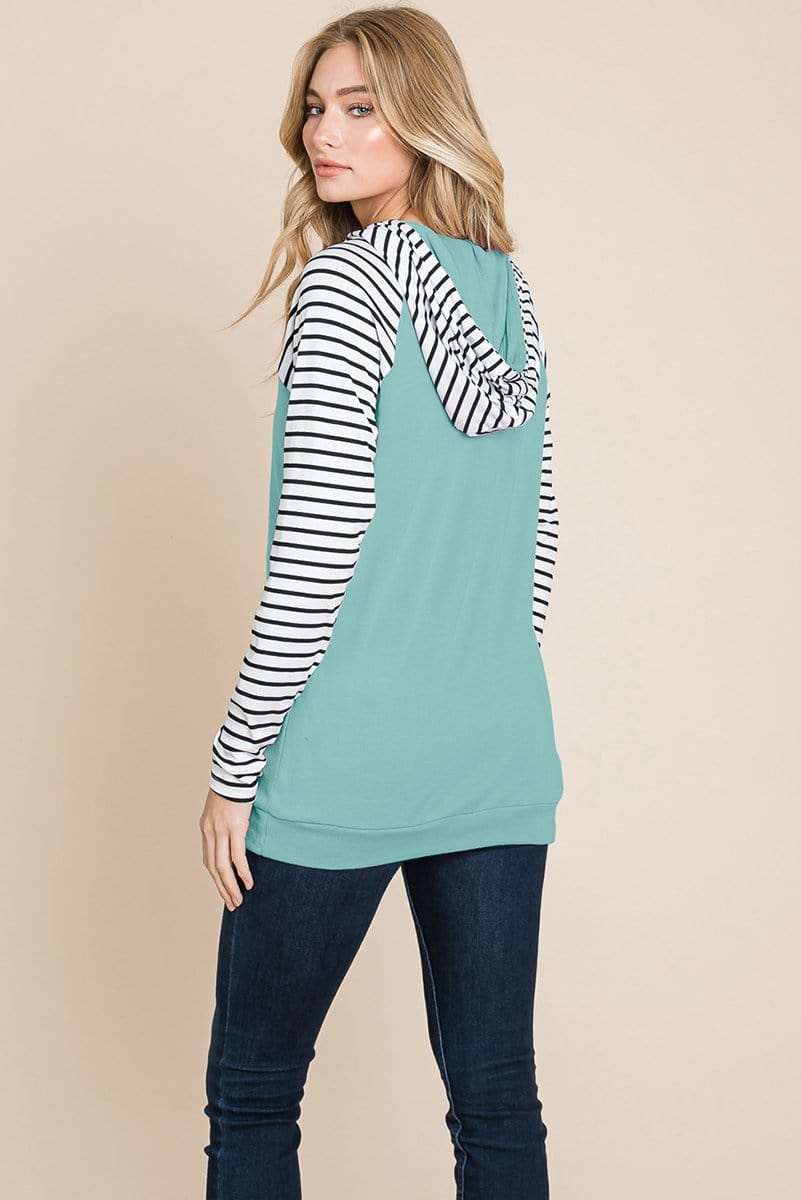 A stylish Color Block Striped Double Hoodie Sweatshirt featuring black and white stripes with a solid top, showcasing front pockets and raglan sleeves.