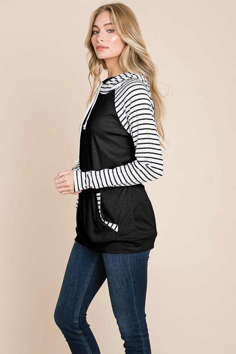 A stylish Color Block Striped Double Hoodie Sweatshirt featuring black and white stripes with a solid top, showcasing front pockets and raglan sleeves.