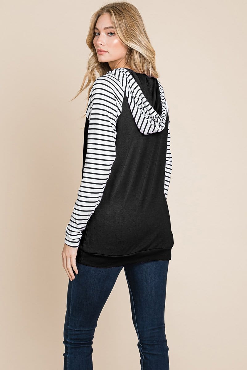 A stylish Color Block Striped Double Hoodie Sweatshirt featuring black and white stripes with a solid top, showcasing front pockets and raglan sleeves.