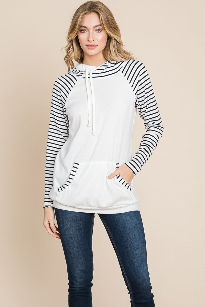 A stylish Color Block Striped Double Hoodie Sweatshirt featuring black and white stripes with a solid top, showcasing front pockets and raglan sleeves.