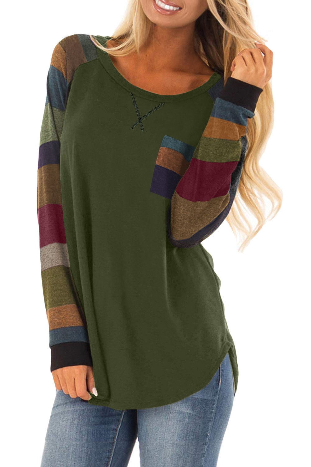 Color Block Striped Pocket Long Sleeve Top featuring a stylish pocket, relaxed fit, and modern striped design.