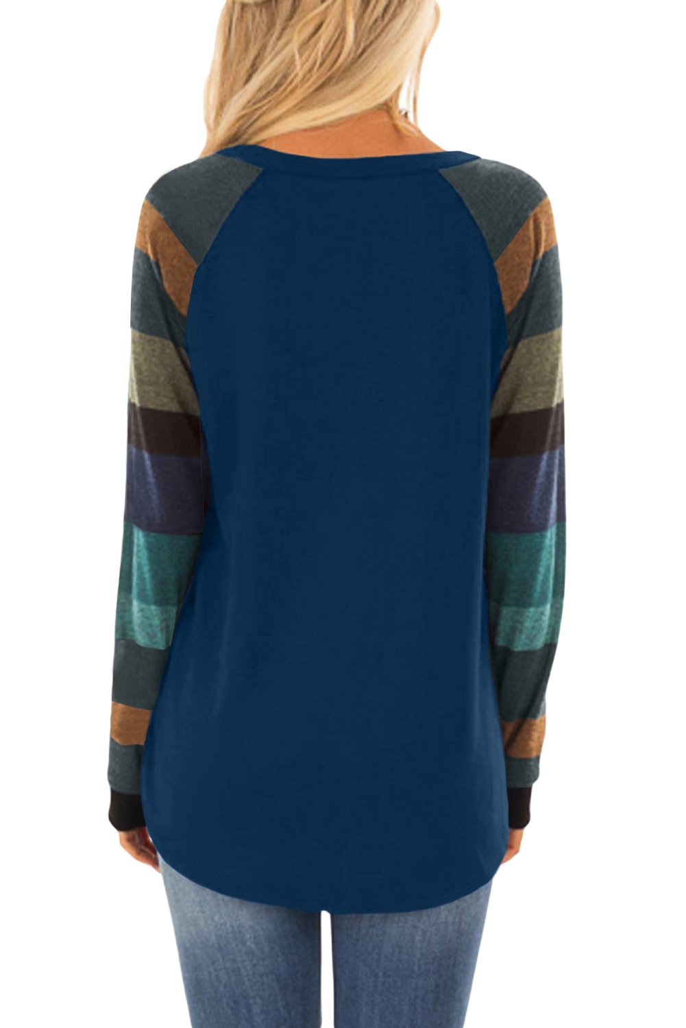 Color Block Striped Twisted Knot Long Sleeve Top featuring a stylish twisted knot hemline and a combination of vibrant colors and stripes.