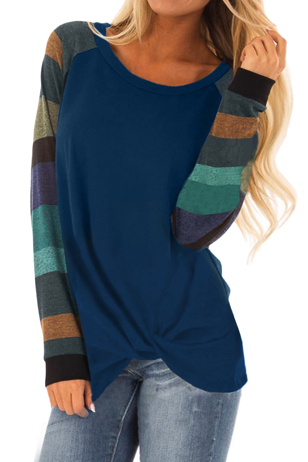 Color Block Striped Twisted Knot Long Sleeve Top featuring a stylish twisted knot hemline and a combination of vibrant colors and stripes.