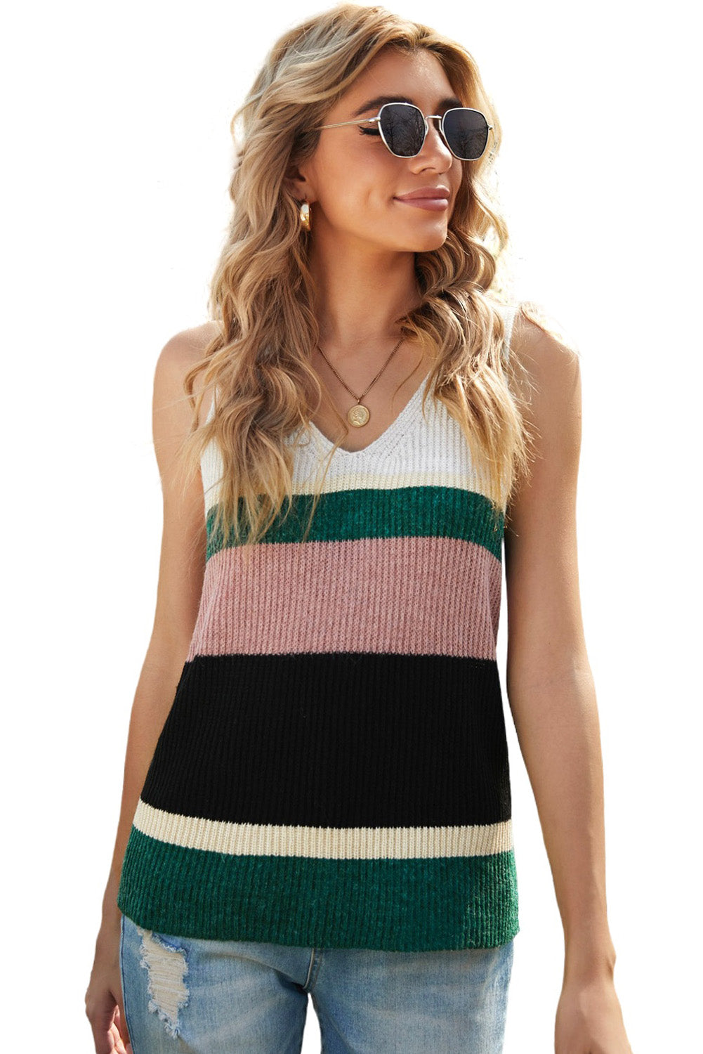 Color Block V-Neck Rib-Knit Tank displayed in a flat lay outdoors, showcasing its vibrant colors and ribbed texture.