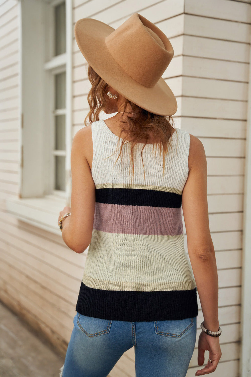 Color Block V-Neck Rib-Knit Tank displayed in a flat lay outdoors, showcasing its vibrant colors and ribbed texture.