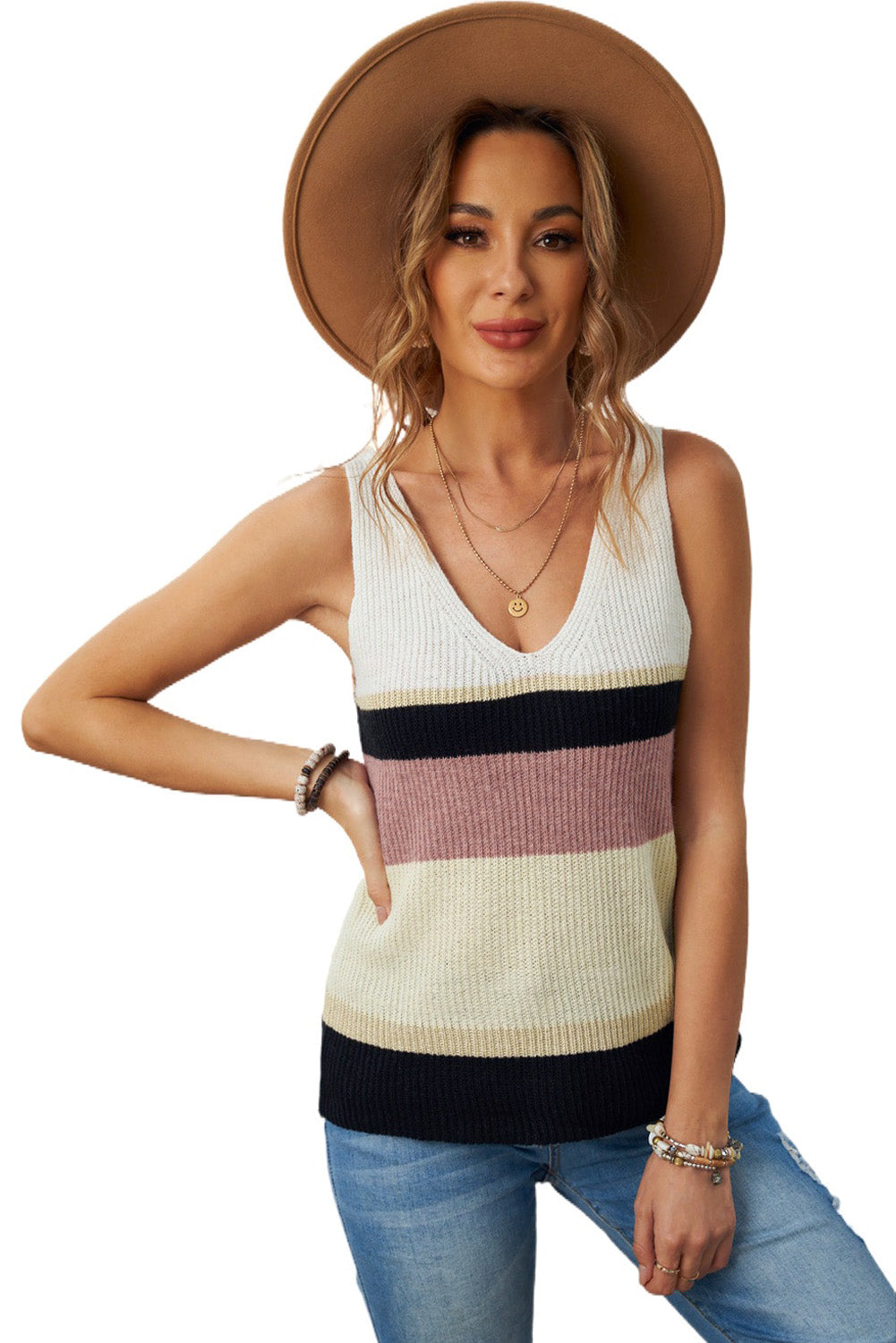 Color Block V-Neck Rib-Knit Tank displayed in a flat lay outdoors, showcasing its vibrant colors and ribbed texture.