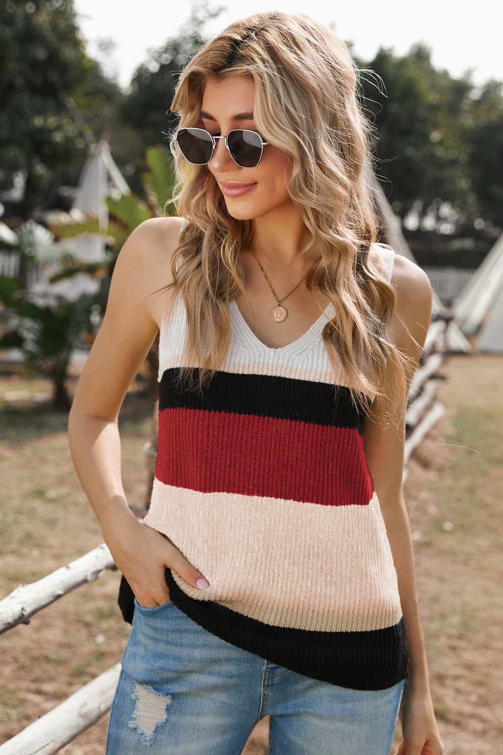 Color Block V-Neck Rib-Knit Tank displayed in a flat lay outdoors, showcasing its vibrant colors and ribbed texture.