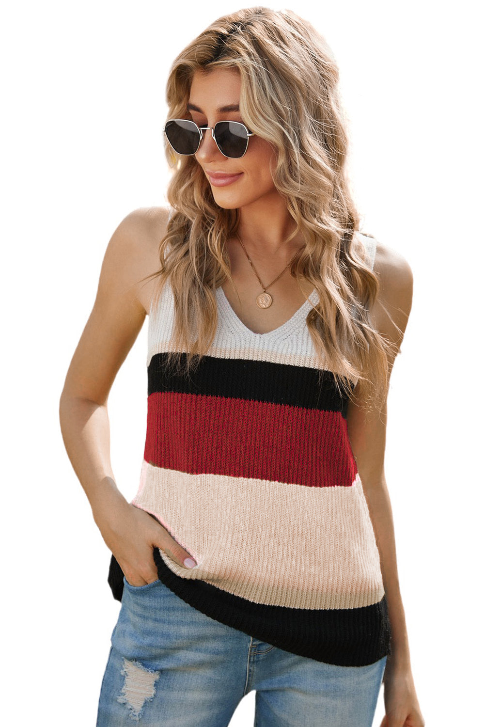 Color Block V-Neck Rib-Knit Tank displayed in a flat lay outdoors, showcasing its vibrant colors and ribbed texture.