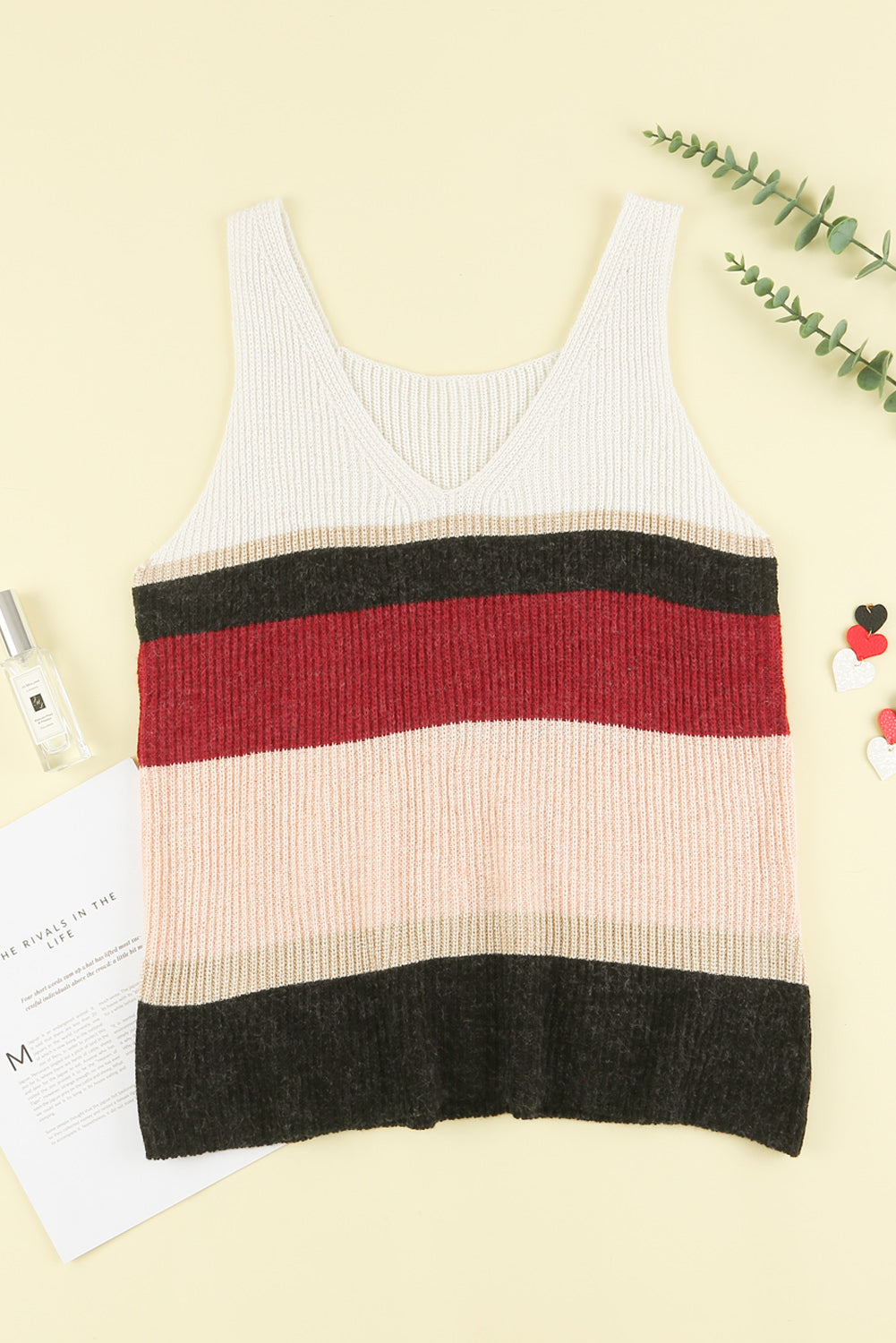 Color Block V-Neck Rib-Knit Tank displayed in a flat lay outdoors, showcasing its vibrant colors and ribbed texture.