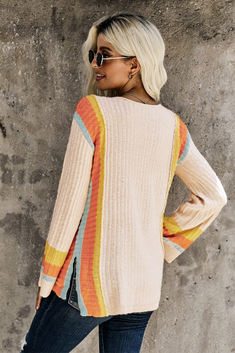 A stylish Colorblock Bell Sleeve Lightweight Sweater featuring a trendy design with bell sleeves, perfect for casual wear.