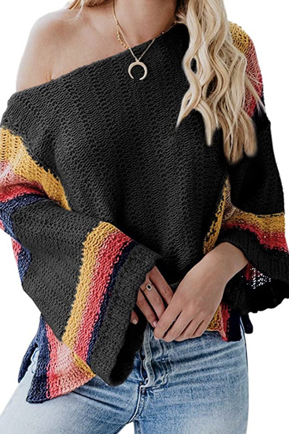 A stylish Colorblock Bell Sleeve Lightweight Sweater featuring a trendy design with bell sleeves, perfect for casual wear.