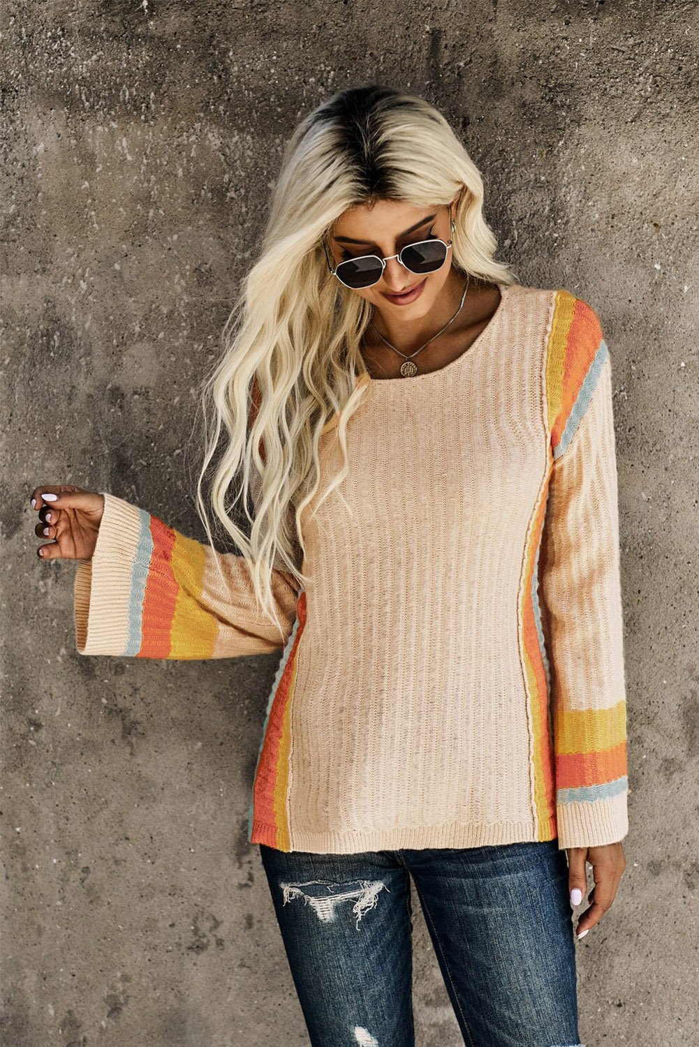 A stylish Colorblock Bell Sleeve Lightweight Sweater featuring a trendy design with bell sleeves, perfect for casual wear.