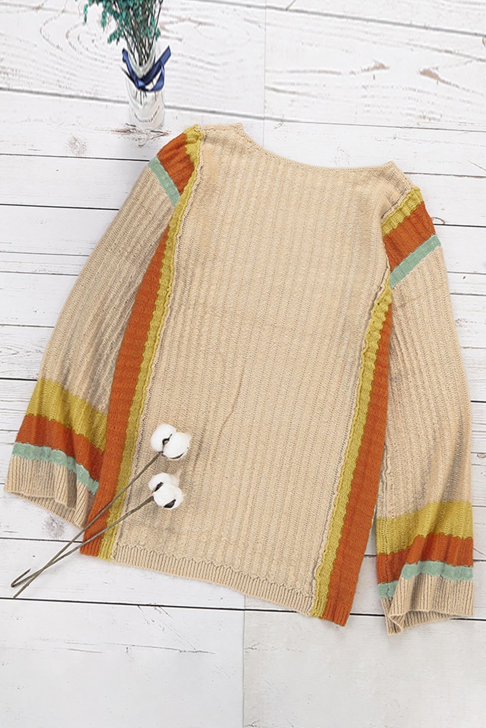 A stylish Colorblock Bell Sleeve Lightweight Sweater featuring a trendy design with bell sleeves, perfect for casual wear.