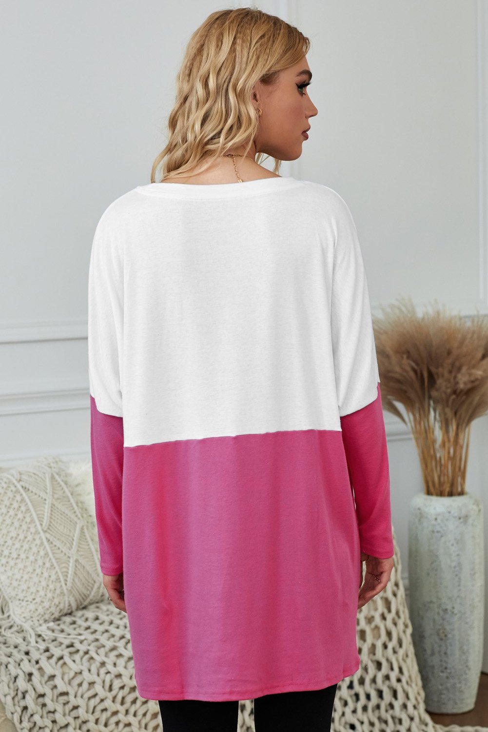 Colorblock Casual Long Sleeve Tunic featuring a trendy patchwork design and two large pockets, perfect for casual wear.