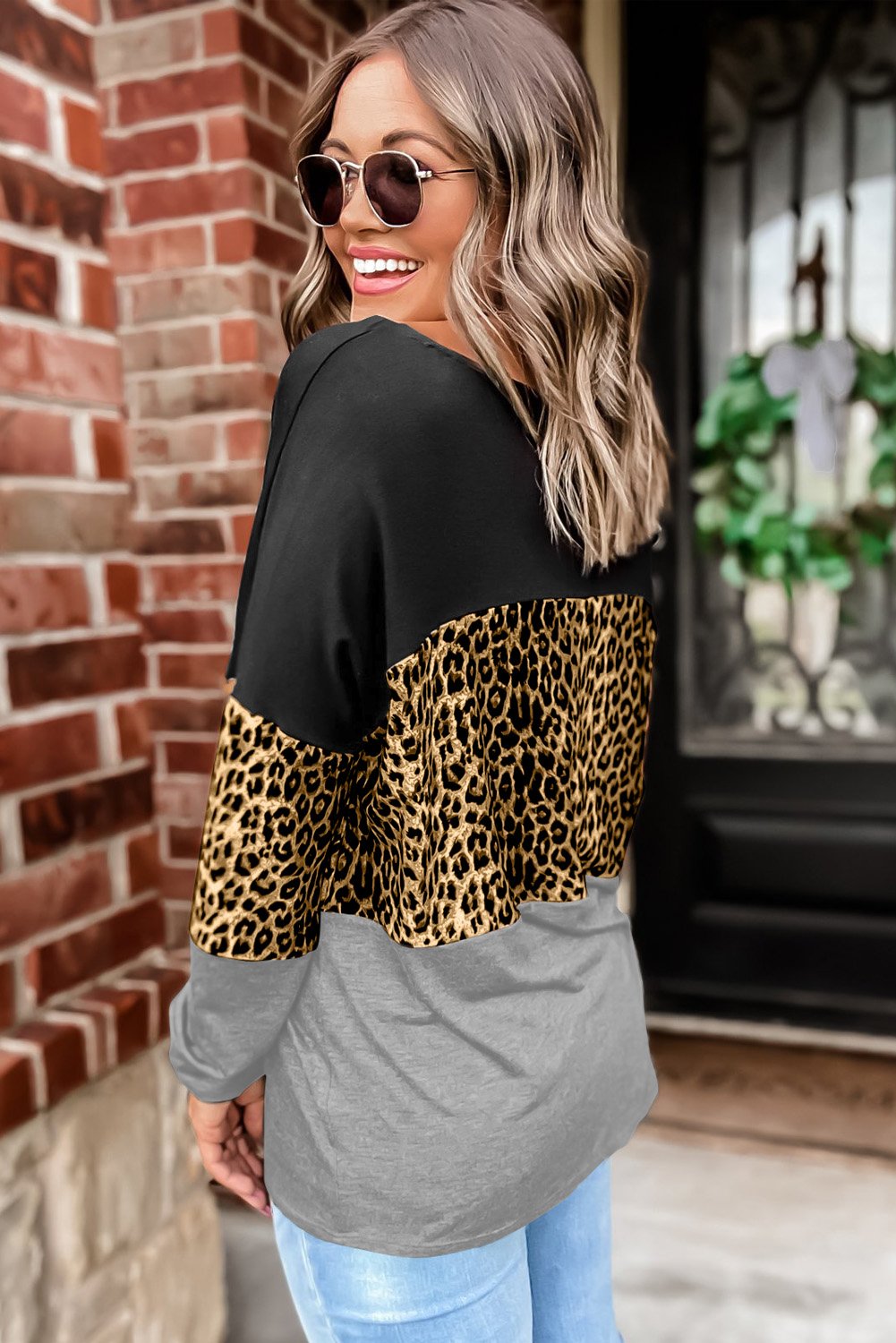 Colorblock Leopard Patchwork Long Sleeve Top featuring vibrant colors and stylish animal print design.