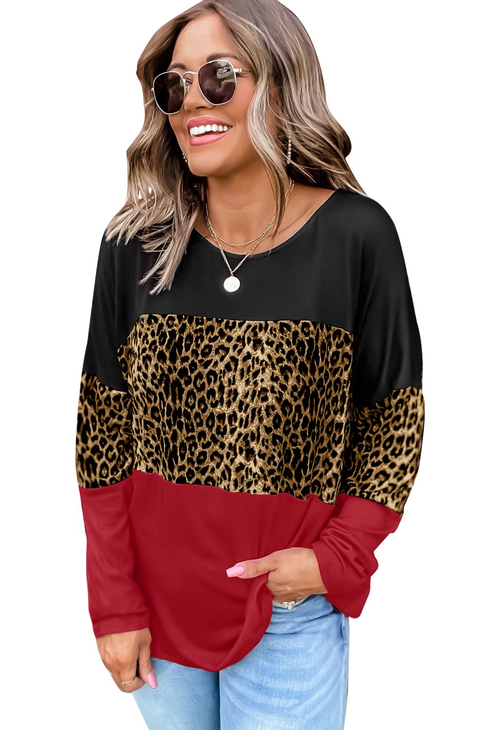 Colorblock Leopard Patchwork Long Sleeve Top featuring vibrant colors and stylish animal print design.