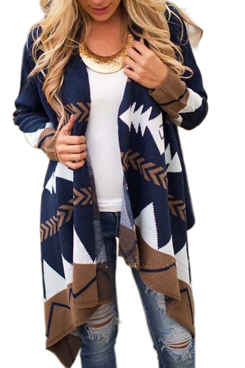 Color-Block Long Sleeve Casual Tribal Cardigan featuring ethnic print and oversized fit, perfect for layering.