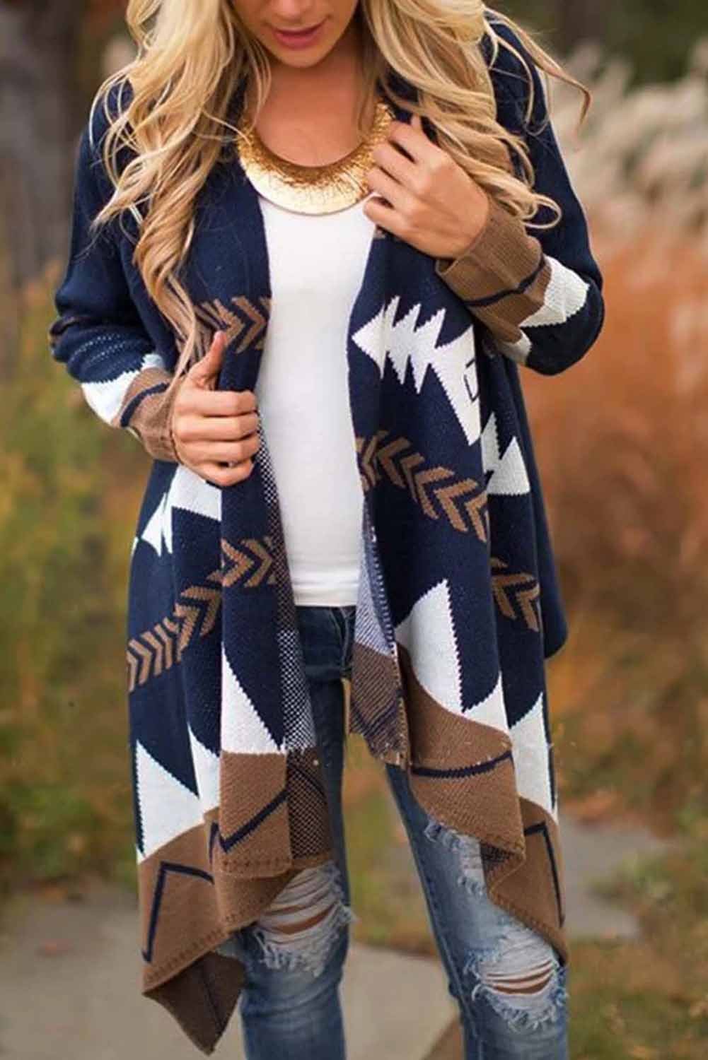 Color-Block Long Sleeve Casual Tribal Cardigan featuring ethnic print and oversized fit, perfect for layering.