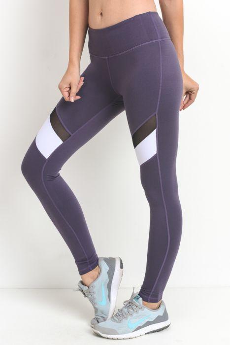 Colorblock Mesh Full Leggings in Dark Violet featuring white accents and mesh panels for a sporty look.