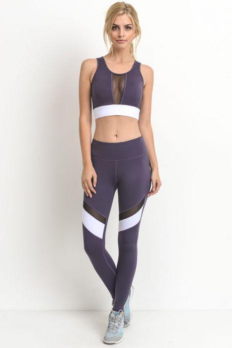 Colorblock Mesh Full Leggings in Dark Violet featuring white accents and mesh panels for a sporty look.