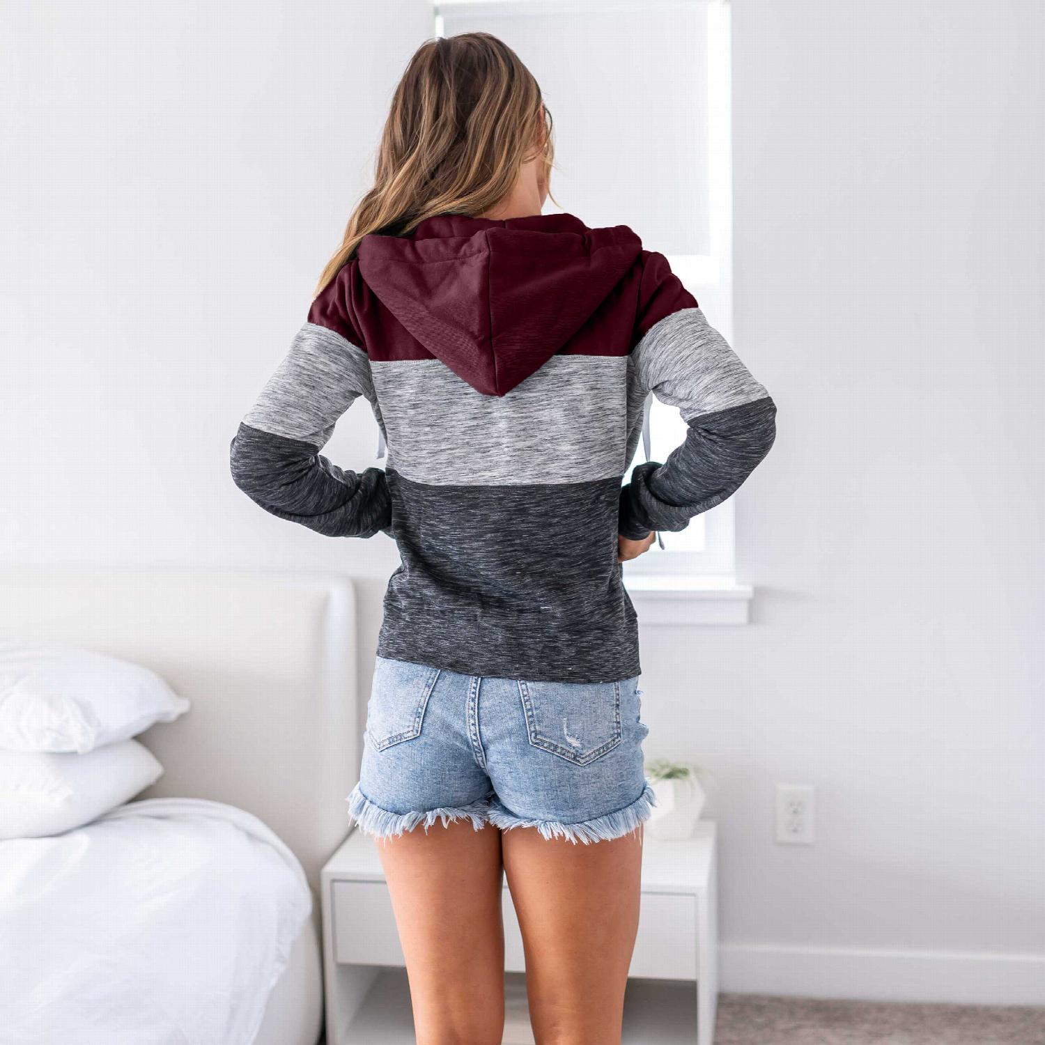 Colorblock Zip Up Hoodie featuring wide stripes in maroon, light blue, mauve, peach, and off-white with Heather Gray bottom half.