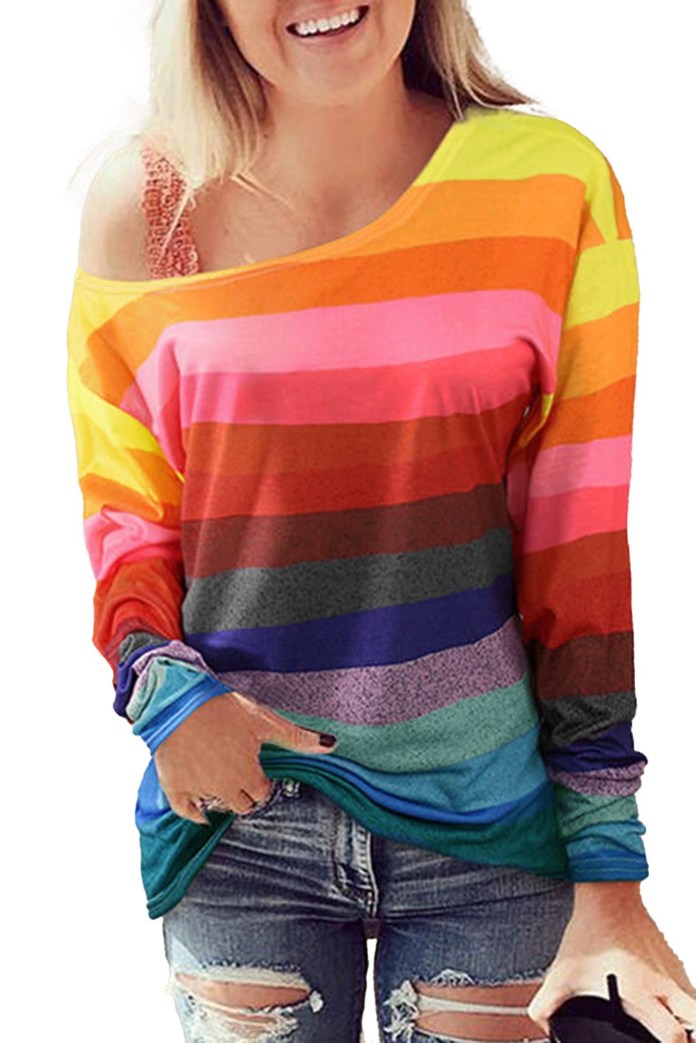 A colorful striped long sleeve top featuring a stylish slash neck design, perfect for casual wear in spring and autumn.