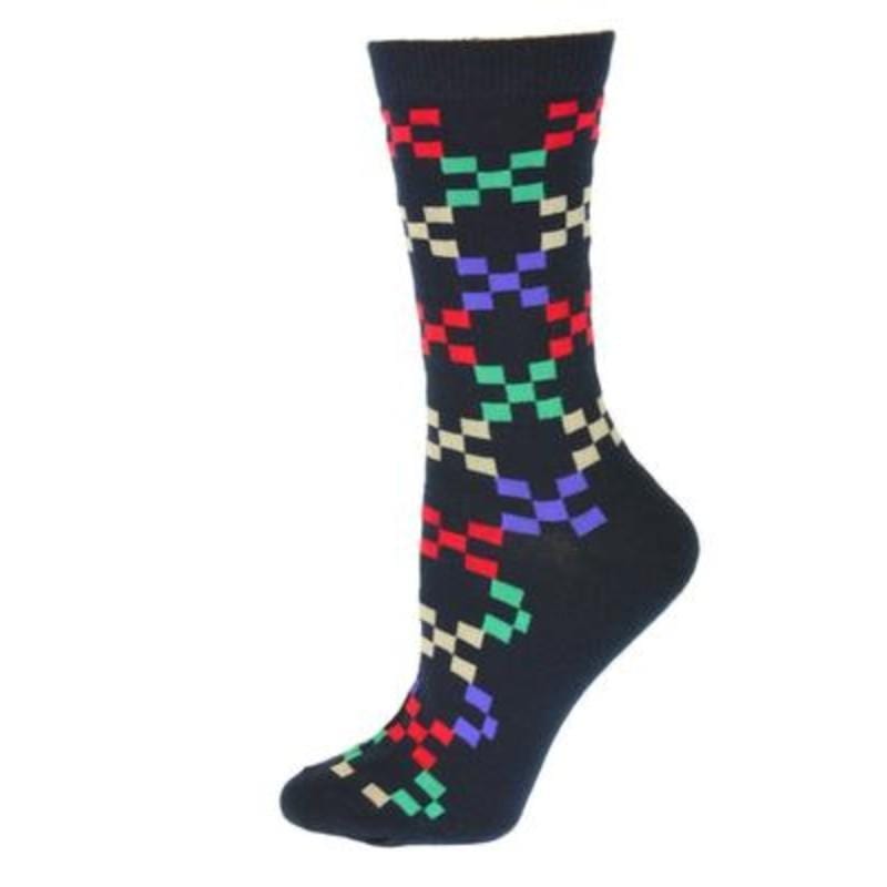 Colorful Women's Crew Socks featuring a geometric diamond pattern in a cotton blend, perfect for business casual attire.