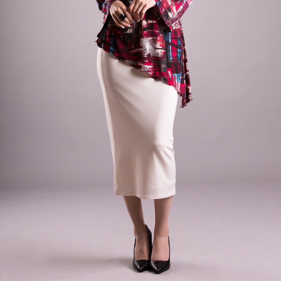 A stylish Column Skirt featuring a double-lined design, elastic waist, and versatile fabric, perfect for any season.