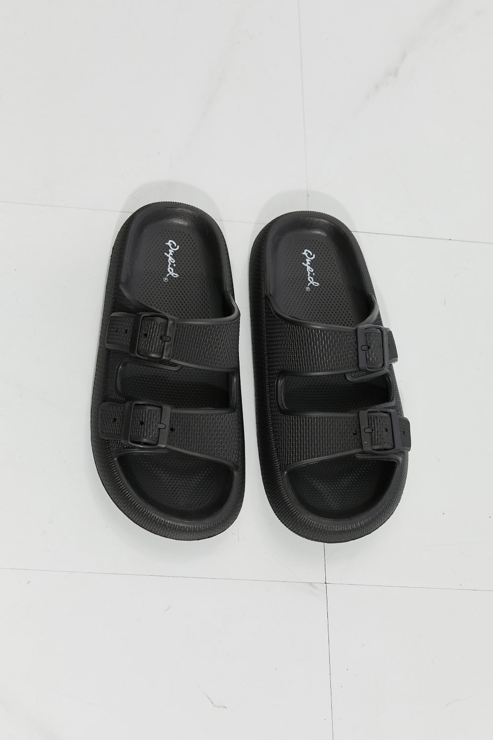 Comfy Casual Rubber Slide Sandal in Black featuring adjustable straps and a trendy platform design, perfect for summer wear.