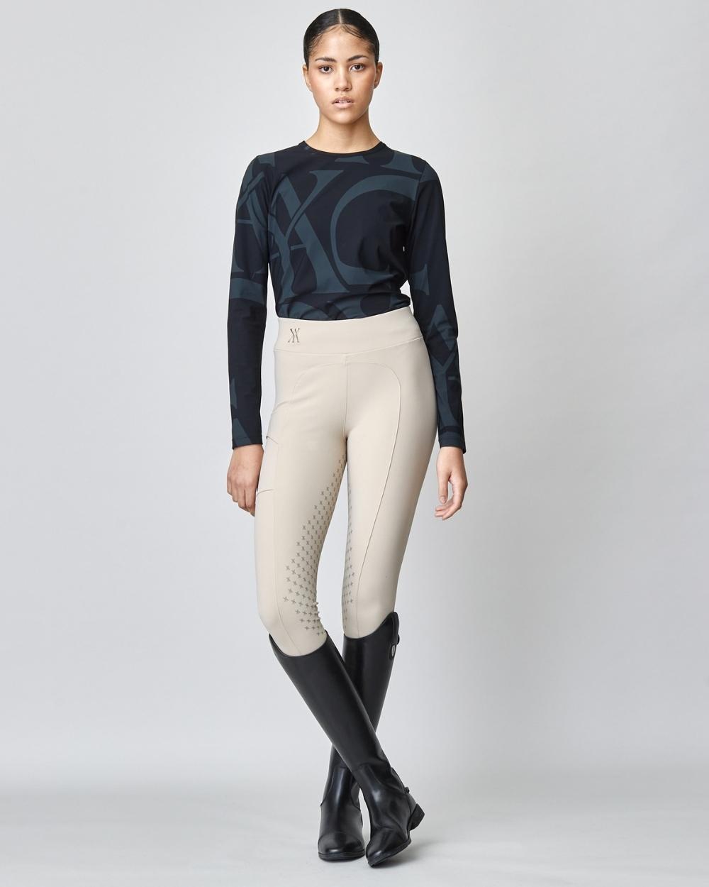 Compression Pull-On Breeches Tan showcasing high waist design and lightweight fabric, ideal for equestrian activities.