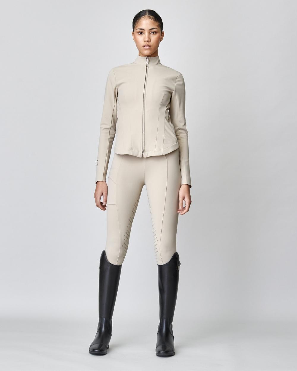 Compression Pull-On Breeches Tan showcasing high waist design and lightweight fabric, ideal for equestrian activities.