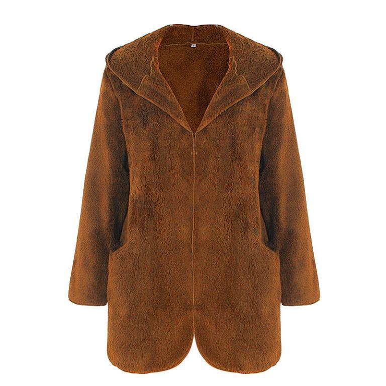 Conmoto 2019 Autumn Winter Hoodies Faux Fur Coat for women, featuring a shaggy design, pockets, and a hood for added warmth.