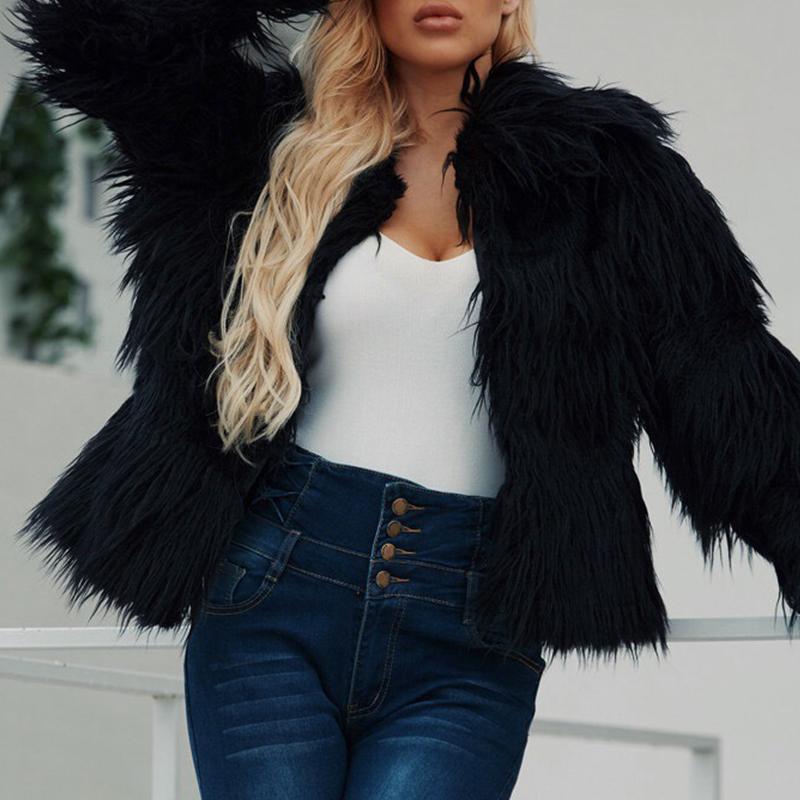 Conmoto 2019 Winter Women's Warm Faux Fur Jacket in stylish patchwork design, featuring a turn-down collar and full-length sleeves.