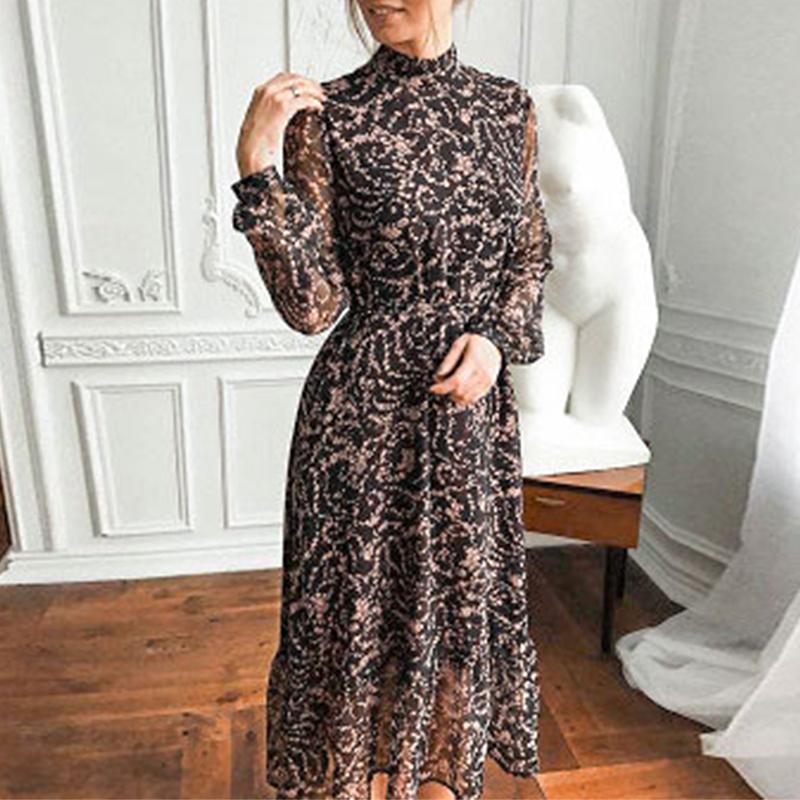 Conmoto autumn winter floral long dress for women, featuring a vintage design with a mandarin collar and full sleeves, perfect for elegant parties.