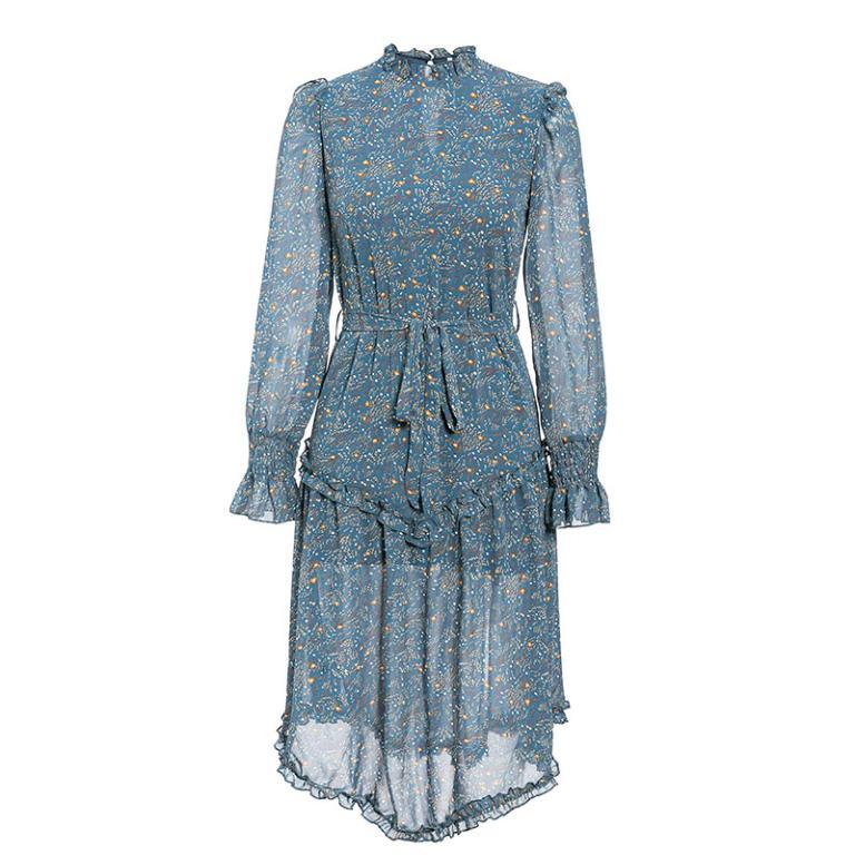 Conmoto Blue Print Turtleneck Dress featuring ruffles, lantern sleeves, and an A-line silhouette in a vibrant blue print.