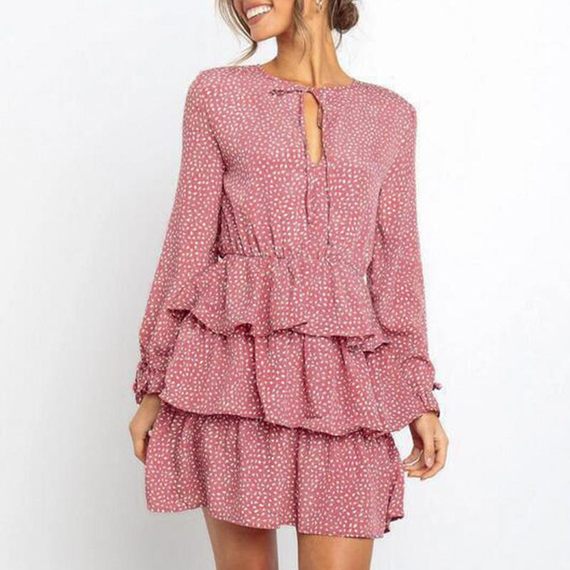 Conmoto Elegant Women Long Sleeve Dot Short Dress featuring ruffles, flare sleeves, and a playful dot pattern, perfect for autumn wear.