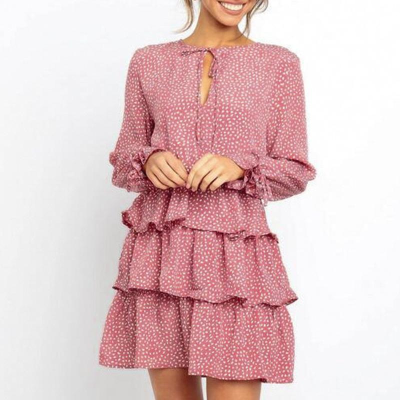 Conmoto Elegant Women Long Sleeve Dot Short Dress featuring ruffles, flare sleeves, and a playful dot pattern, perfect for autumn wear.