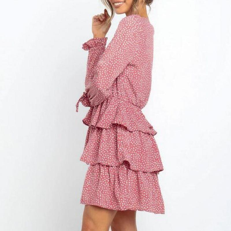 Conmoto Elegant Women Long Sleeve Dot Short Dress featuring ruffles, flare sleeves, and a playful dot pattern, perfect for autumn wear.